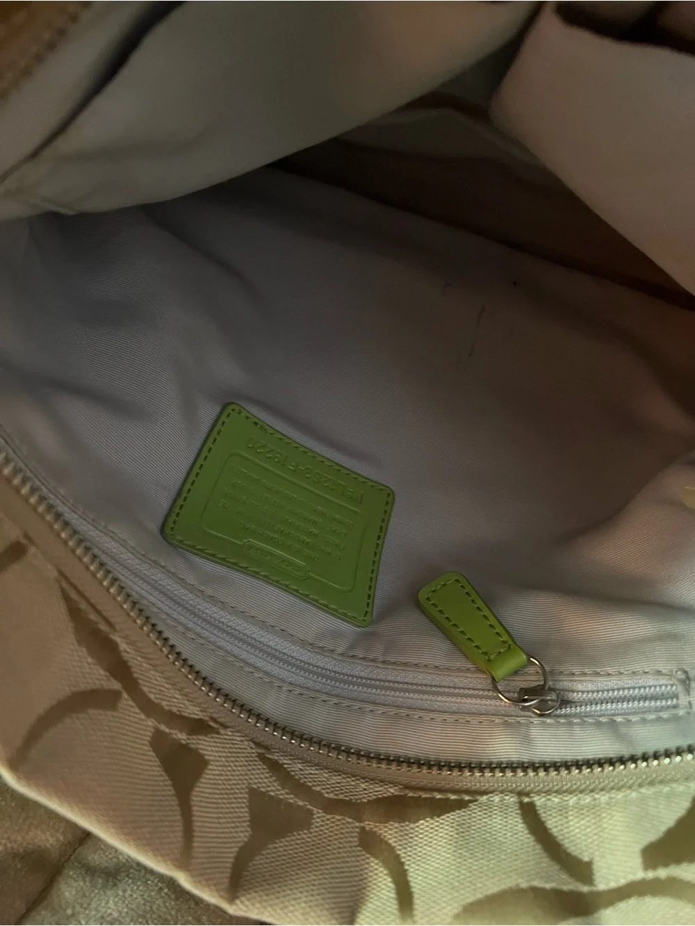 Coach Khaki Signature Crossbody with Lime Trim